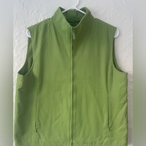 Eileen Fisher lime green mock neck fleece interior lightweight vest, pockets; L